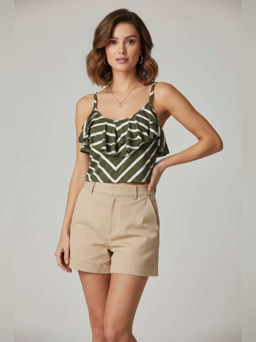 Tommy Bahama Ruffle Tank Top XS Olive Green White Striped Cami